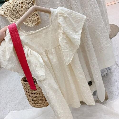 2021 Korean childrens skirt new solid color girls dress fungus lace sleeve beige dress