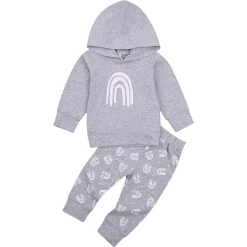 Spring Autumn Kids Baby Fashion 2-piece Outfit Set Long Sleeve Casual Rainbow Print Hoodie+Pants Set for Children