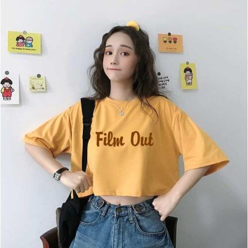 Y2k Crop Top Woman T-Shirt Summer Bangtan Boys Kpop FILM OUT Letter Print Cotton Tee Shirt Casual Korean Fashion Female Clothing