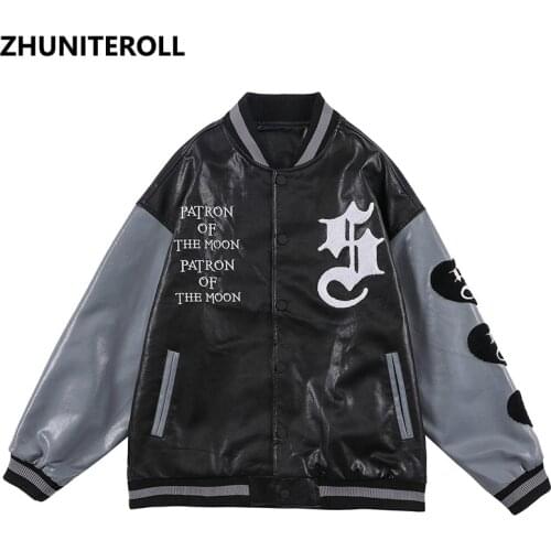 Graphics Embroidery Fashion Harajuku PU Leather Jacket Men Bomber Casual Baseball Coats Streetwear High Street Tops Clothing