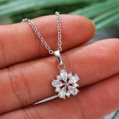 Cute Zircon Flower Wedding Necklace Boho Female White Crystal Pendant Necklace Rose Gold Silver Color Chain Necklaces For Women