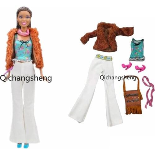 1/6 Fashion 6 items/Set Princess Outfits For Barbie Doll Clothes Brown Fur Coat Pants Scarf Tank Shoes Playhouse Accessories Toy