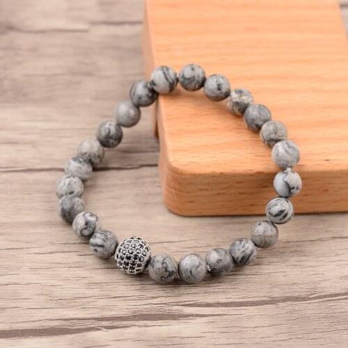 Natural Gray Map Stone Bracelet Homme Men 2020 Classic Micro Pave CZ Disco Ball Charms Bracelets For Women Jewelry Bijoux