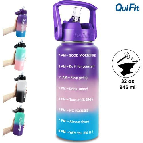 Quifit Vacuum Insulated Water Bottle with Straw 1L 32oz Motivational & Timer Maker Metal Stainless Steel Double Wall Leakproof