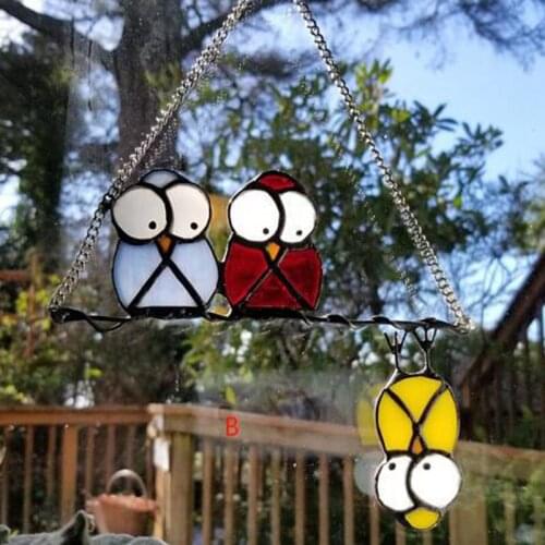 Multicolor Glass Window Hanging Ornaments DecorationThree Birds Nerdy Owl Metal Drip Glue Stained