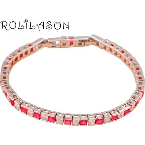 ROLILASON Simple cubic design square cut Rose pink crystal Zircon Silver Bracelet women for fashion jewelry romantic style TB706