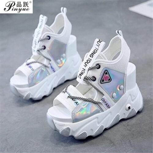 Women Summer Mix Color New Chunky Platform Sandals Hollow Out 9.5CM Wedge Heels Beach Sandals Woman Thick Bottom Gladiator Shoes