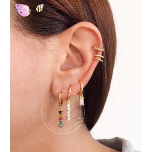 925 Sterling Silver Ear Buckle CZ Dangling Huggie Hoop Earrings for Women Simple Rainbow Zirconia Small Earrings Jewelry