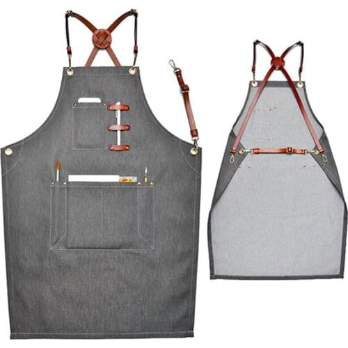 Gray Denim Apron Cowhide Leather Strap Barber Hairdresser Florist Artist Gardener Work Wear Barista Bartender Chef Uniform K98