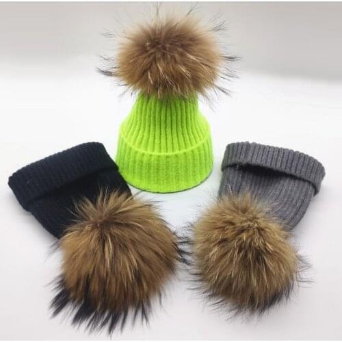 New Kid Casual Wool Beanies Winter Women Casual Warm Cap Real Fur Pompom Knitted Skullies Hat Cap