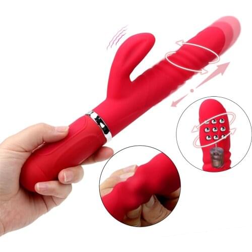 Telescopic 360 Degrees Rotation Rabbit Vibrator Dildo Vibrator Sex Toys for Woman G-spot Massage Transfer Beads AV Wand