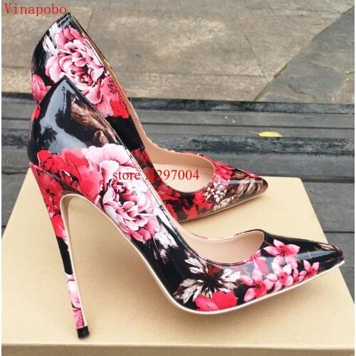 2019 New fashion bridal wedding shoes red flower print slip on pumps embellished toe thin high heels party dress shoes woman