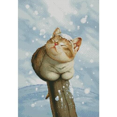 Top Quality Beautiful Lovely Counted Cross Stitch Kit Cat in snow snowing sleeping kitty on the wood tree