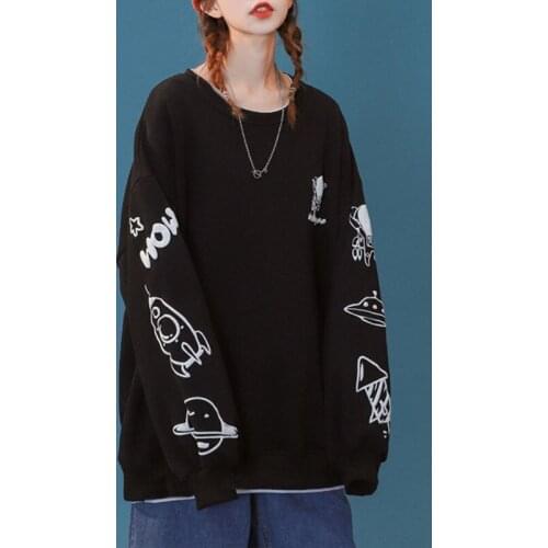 Cool Print Hoodie Girl Japan Thin Oversize Tops Autumn Fashion Women Casual High Street Harajuku Punk Funny Gothic Sweatshirt