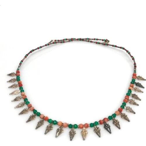 Authentic Hand Marshalling Coral Green Agate Stone Silver Necklace