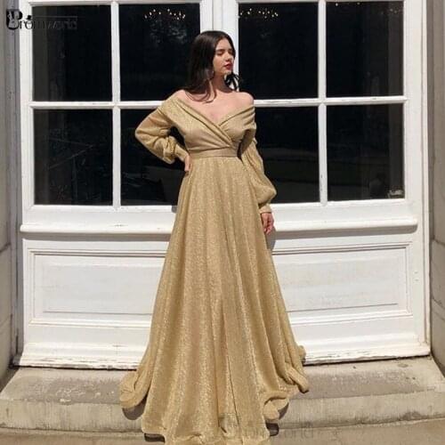 Glittering Gold Lace Prom Dresses Long Sleeves A-Line Off the Shoulder Evening Party Dress V-Neck Robe De Soiree Prom Gowns 2020