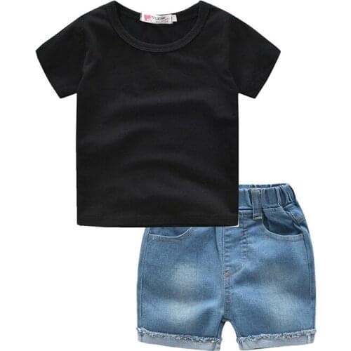 Yocute Kids Clothes New Summer Childrens Jeans Set Ins Popular Casual Style Childrens Black T-shirt Denim Shorts 2 Pcs Set