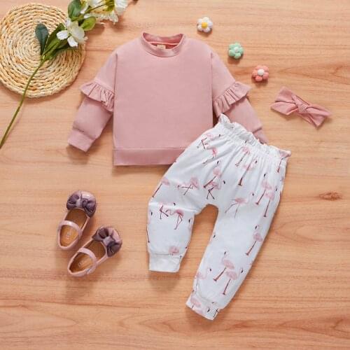 FOCUSNORM 3pcs Infant Baby Girls Autumn Clothes Sets Solid Color Long Sleeve Tops Flamingo Printed Pants 0-4Y