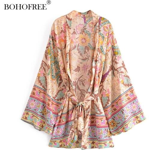 Rayon Cotton Floral Print Robes Casual Summer Beach Bikini Blusas Women Bohemian Cover Up kimonos Ethnic Style Sashes Tops