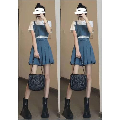 [Three-piece Suit] Summer College Style Shirt + High Waist Pleated Skirt + Short Denim Strap