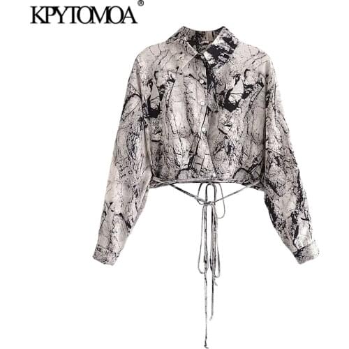 KPYTOMOA Women 2021 Fashion With Tie Printed Backless Crop Blouses Vintage Long Sleeve Button-up Female Shirts Chic Tops