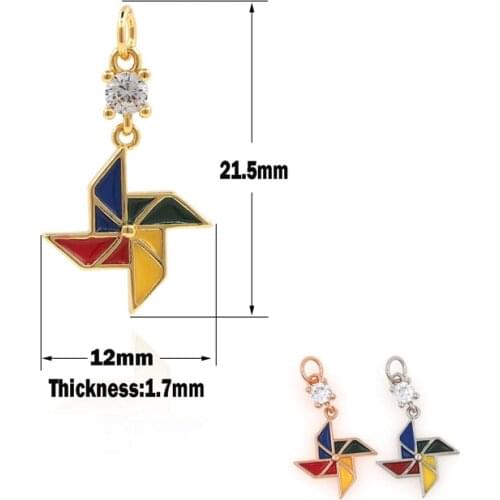 Colorful Windmill Pendant,Micro-Pavé CZ Gold Rainbow Windmill Necklace,Windmill Pendant 21.5×12×1.7mm