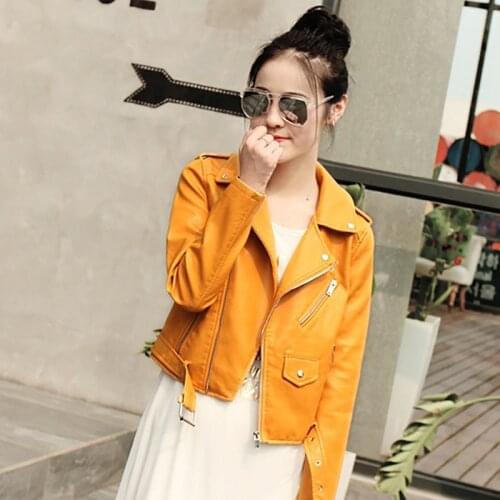 Spring Autumn Korean Women Yellow Slim Washed Faux Leather Jacket Plus Size Casual Short Leather Motorcycle Biker Jacket Female
