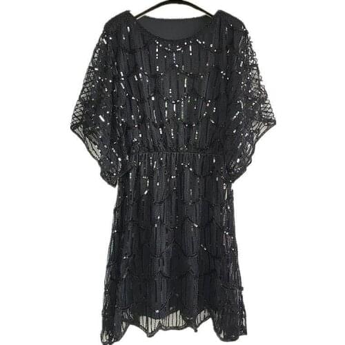 Summer Fashion Black Pink One Size Round Neck Sequin Mesh Beading Loose Casual Straight Geometric Retro Dresses Woman 4599