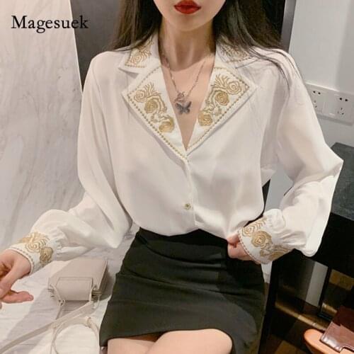 Fashion Elegant Embroidery Floral Office Lady Long Sleeve Top Female Casual Designer French Korean Women Tops Blouse Women 12479