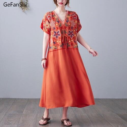 New Summer Womens Dress Plus Size Vintage Casual Loose V-neck Short Sleeve Fashion Embroidery Office Elegant Ladies Dresses