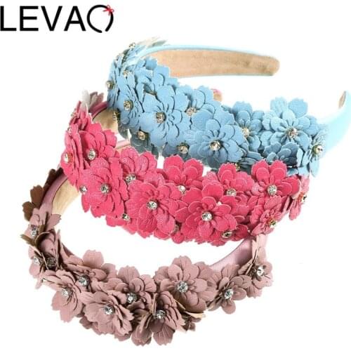 LEVAO Synthetic Leather Flower Headband Bride Head Band With Crystals Bride Crown Head Flower Wedding Hair Accessory 2021