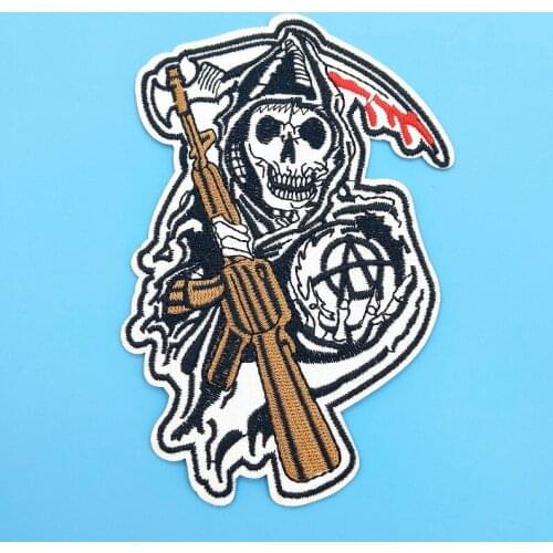 Ghost Skull Take Gun (Size:13.2x8.5cm) DIY Punk Patch Jacket Clothes Decorative Iron on Badge Stripe Accessory