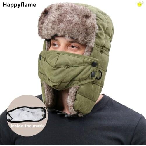 Fashion Small Cat Embroidery Bomber Hats Winter Men Warm Russia Ushanka Hat with Mask Fur Trapper Cap Earflap Windproof Ski Hat