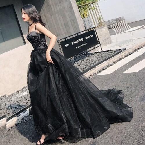 Sexy Tube Top Evening Dress Female 2020 New Halter Strap Retro Tail Banquet Dress Black Prom Dresses Ball Gowns