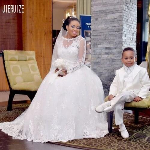 JIERUIZE African Appliques Wedding Dresses Scoop Neck Long Sleeves Covered Button Back A Line Bridal Gowns vestido de noiva