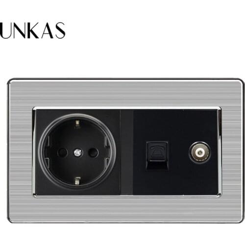 UNKAS EU Standard Wall Socket + Female TV Jack With RJ11 2 Core Telephone Connector Stainless Steel Brushed Panel