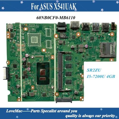High quality 60NB0CF0-MB6110 For ASUS X541UAK Laptop Motherboard X541UVK REV2.0 Main Board SR2ZU I5-7200U 4GB 100% tested