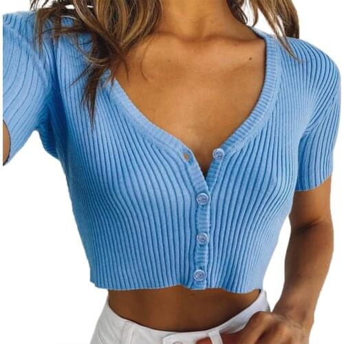 New Women T-Shirts Summer Bodycon Party Short Sleeve Lace Backless Solid Short Tops Solid Ladies Deep V Neck Button Skinny