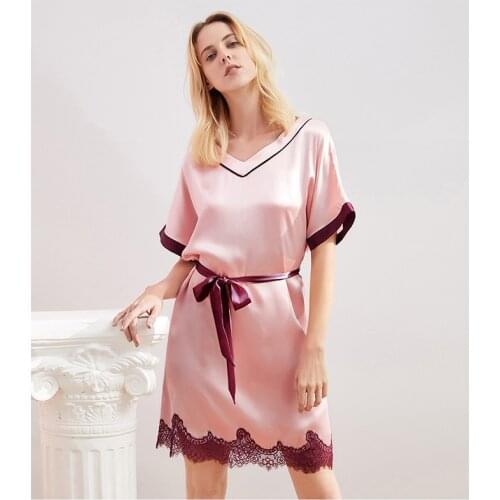 Women Real Silk 100% Pure Silk Nightdress Women Plus Sexy Chest With Lace Strap Pink Long Night DressNightgown