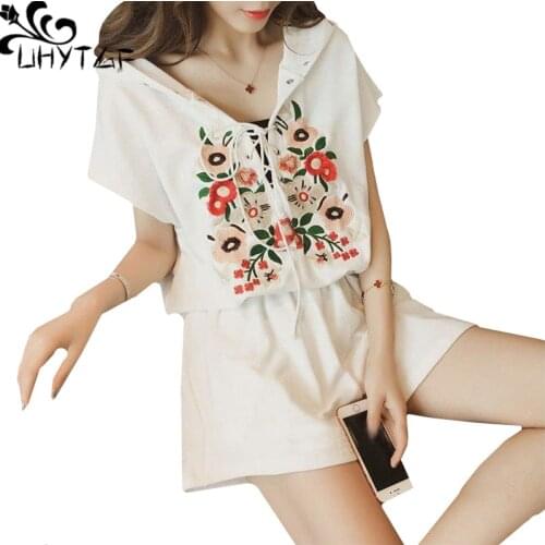 UHYTGF Summer suits for women Hooded embroidered T-shirt top And shorts 2 piece set Female Loose 4XL plus size sports suit 1412