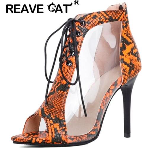 REAVE CAT Women New 2021 Pumps Peep Toe 10cm High Thin Heels Zip Lace-Up Transparent Sexy Stylish Snake-Skin Big Size 48 A3656