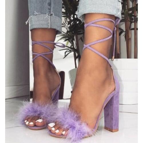 Dipsloot Woman Fashion Lavender Suede Chunky Heels Fur Sandals Summer Purple Lace Up High Heel Party Sandals Shoes Plus Size 47