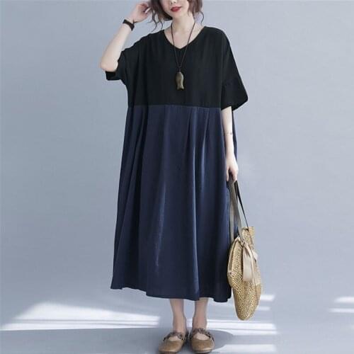 Oversized Women Cotton Linen Casual Dress New 2021 Summer Simple Style V-neck Patchwork Color Loose Female Long Dresses S3799