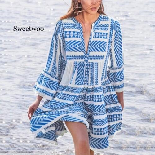 Women Floral Print Fashion Women Printed V Neck Long Sleeve mini Beach Party Club Dresses Bohemian Dresses Sundress 2020 New