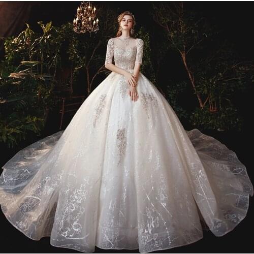 Wedding Dress Sequined High Neck Half Sleeves Simple Luxurious New Floral Print Embroidery Lace up Long Women Bride Dresses B025