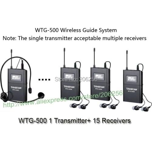 Hot sale Takstar WTG-500 1 Transmitter+ 15Receivers +MIC+earphone UHF Wireless tour guide system voice device teaching earphones