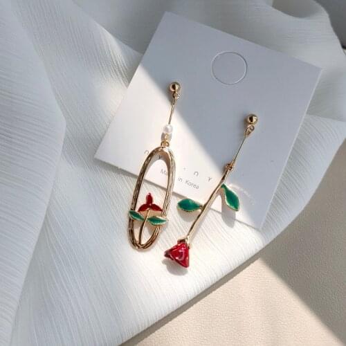 Gothic French Flower Rose Clip on Earrings Vintage Baroque Palace Asymmetric Long Red Rose Clip on Earrings Without Piercing