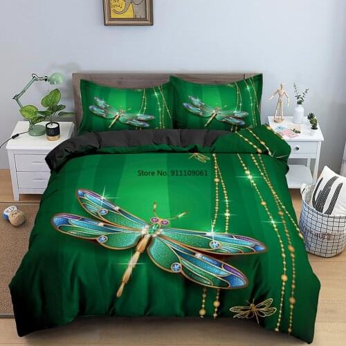 3D Cartoon Dragonfly Bedding Set Retro Green Duvet Cover Pillowcase Euro Living Room Home Furniture Quilt Comforter Covers