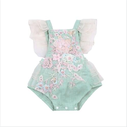 0-24M Summer Princess Newborn Baby Girl Romper Flower Pearl Lace Jumpsuit Overalls Outfits Costumes