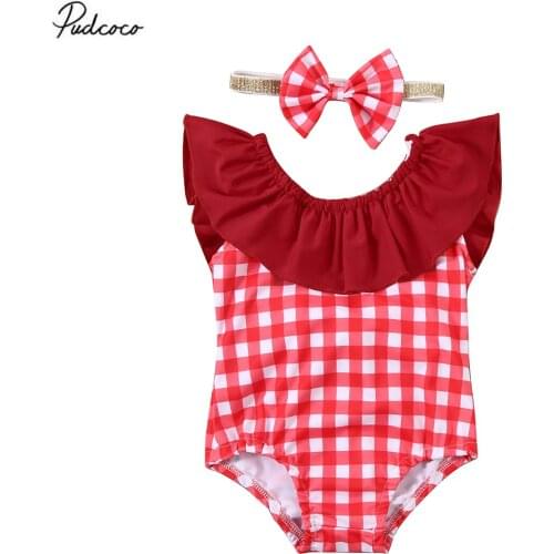 2020 Summer Toddler Kids Baby Girl Swimsuit Headband Swimwear Ruffle Plaid Bow Tankini Swimming Bathing Suit Hoiday Beachwear